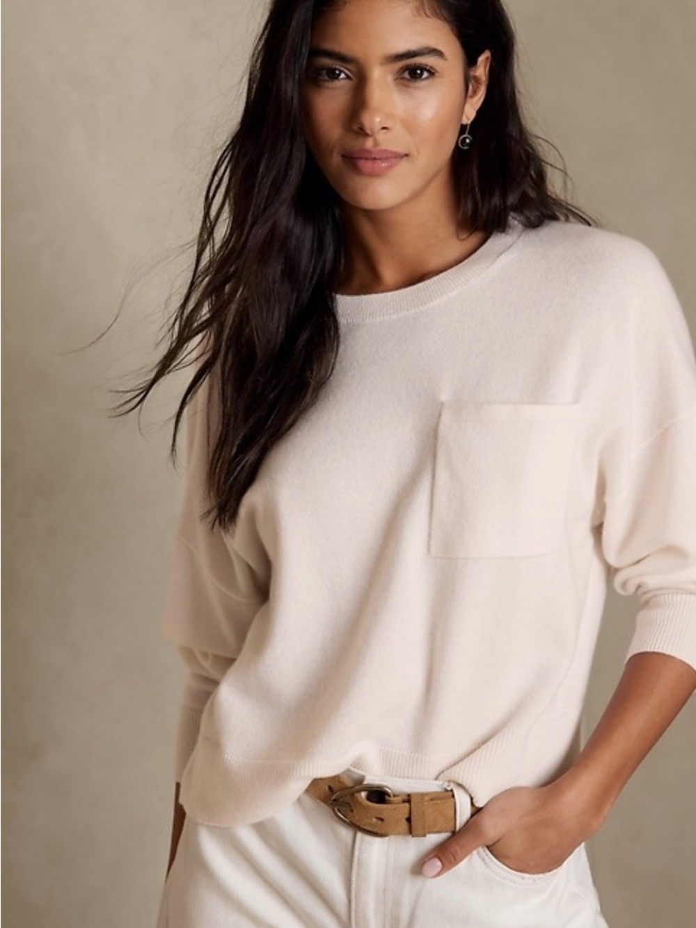 Banana Republic Ivory Cashmere Crewneck Pocket Sweater